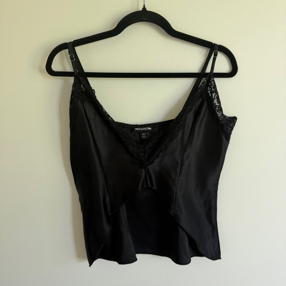 PrettyLittleThing Black Satin Lace Trim Split Front Camisole Top US 8 NEW